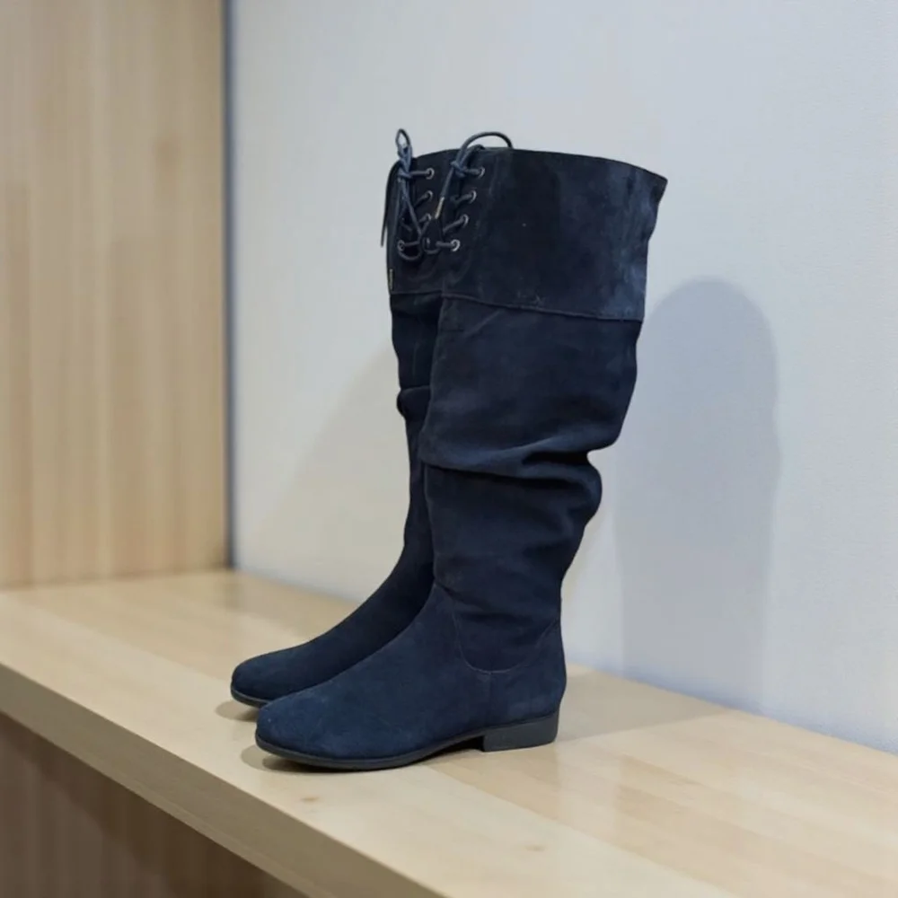 Matisse Camilla Navy Suede Tall Over The Knee Slouch Boots Lace Up 9W